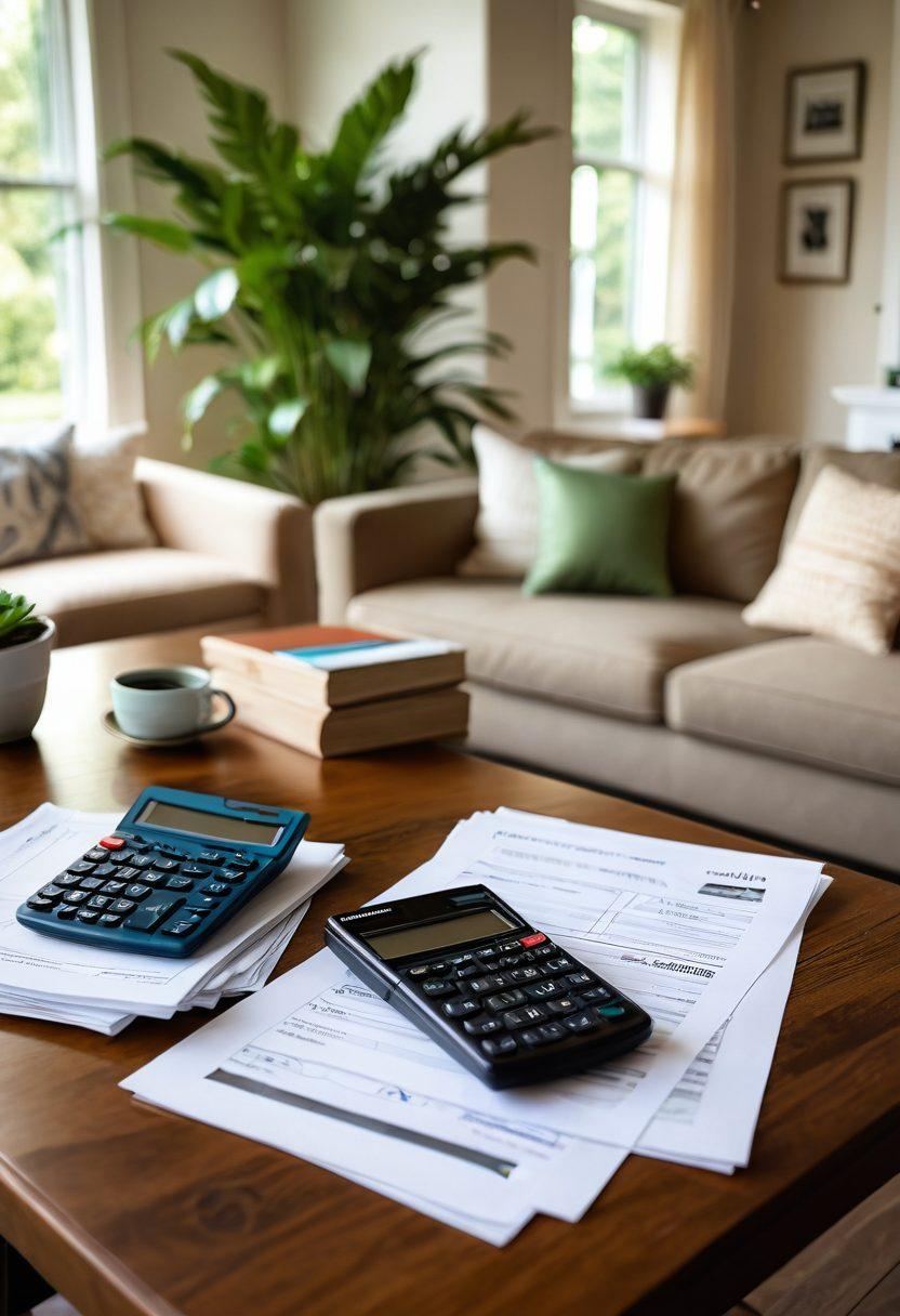 A serene home environment featuring a mortgage calculator on a wooden table, surrounded by financial documents and a green plant. In the background, a cozy living room with a family happily discussing their homeownership dreams. Soft, warm lighting enhances the inviting atmosphere. Bright and engaging colors to symbolize hope and success. super-realistic. vibrant colors. soft focus.