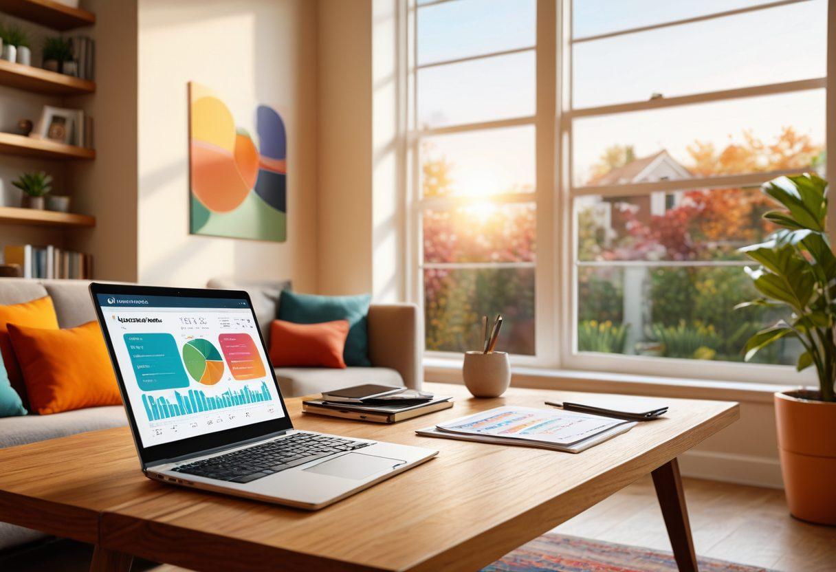 A visually engaging workspace featuring a laptop displaying loan estimators and calculators, surrounded by colorful charts and graphs illustrating home affordability strategies. Include a cozy living room setting in the background with a welcoming atmosphere. Soft natural light streaming through a window. modern flat illustration. vibrant colors.